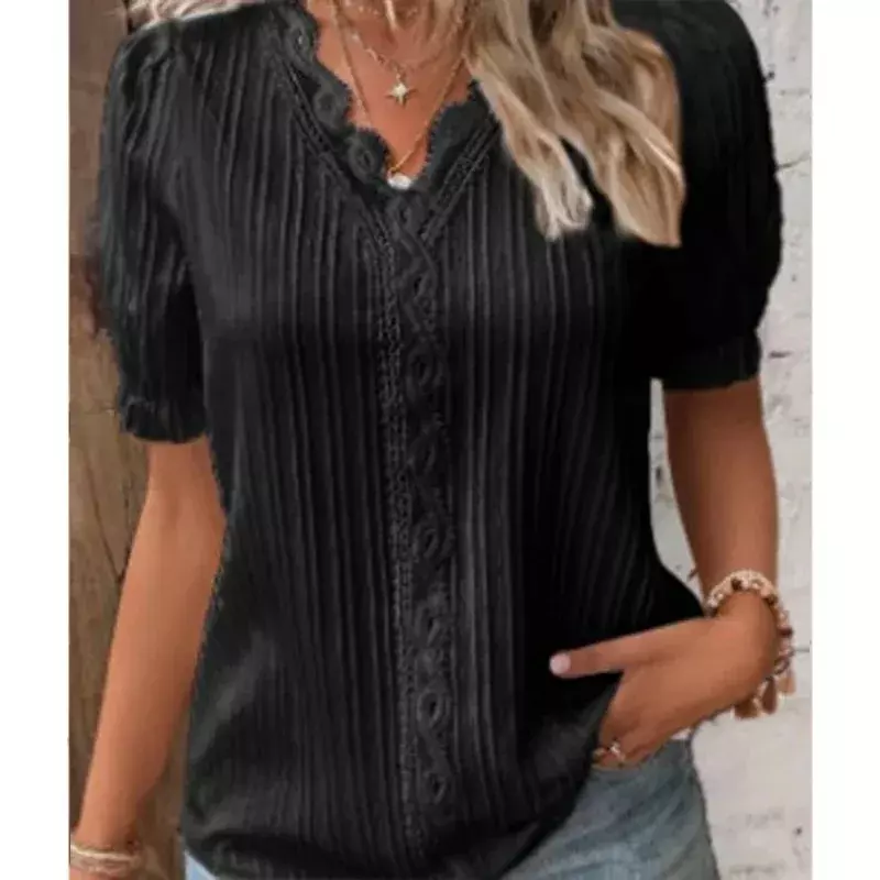 Summer V Neck Lace Stitching Patchwork Women Shirts Hollow Short Sleeve Pullover Top Office Elegant Top Office Lady Blouse