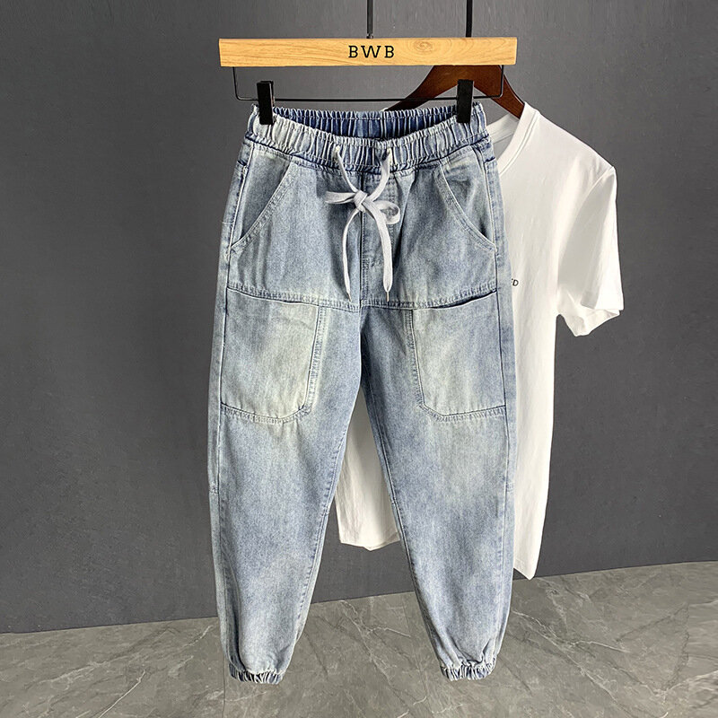 new Autumn Luxury streetwear Korean Harajuku Stretch Men's Slim Solid Denim Casual Pencil Pants baggy jeans cargo trousers men