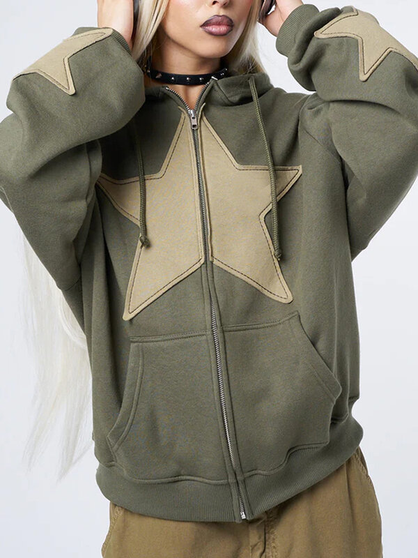 Donna s Star Print Full Zipper Oversize con cappuccio manica lunga Casual tasca con coulisse felpa con cappuccio Teens Girl Streetwear