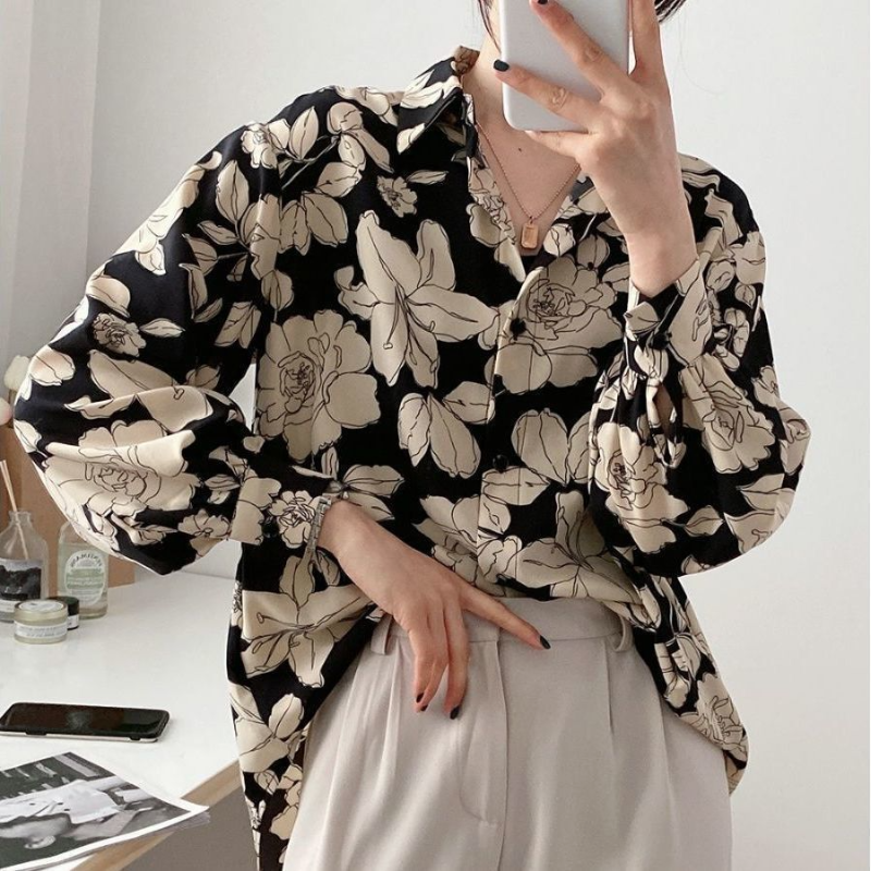 Vintage Spring New Printing Loose Youth Blouse Button Long Sleeve Polo Neck Casual Shirt Tops Sweet Fashion Women Clothing