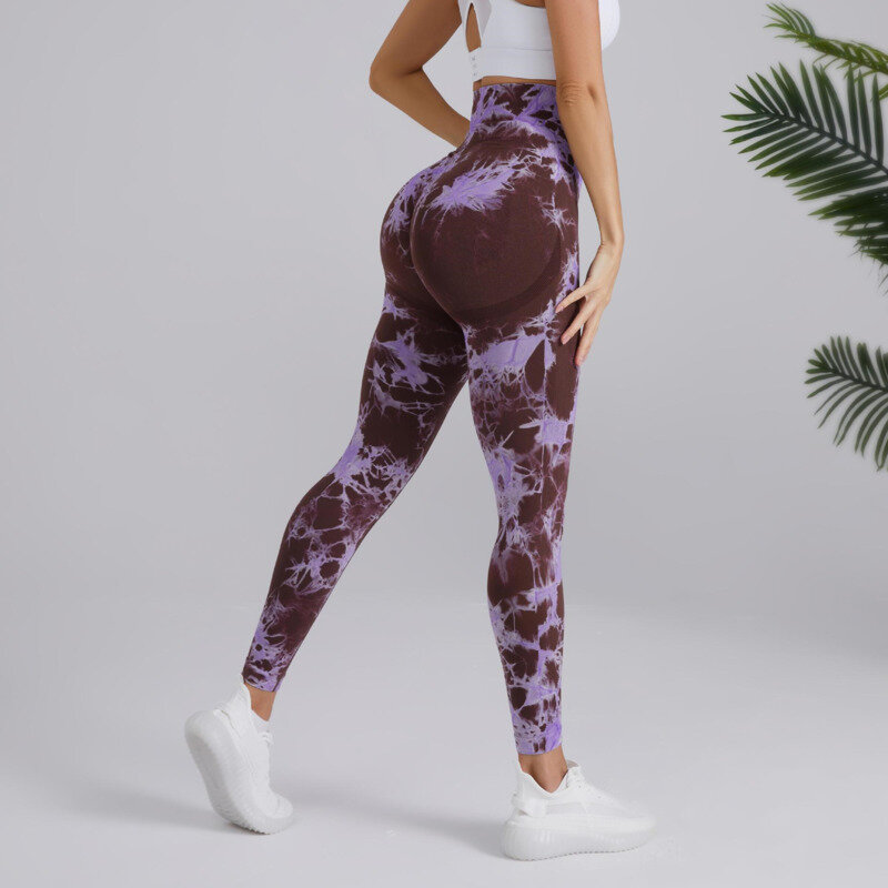 Celana Yoga ikat celup pinggang tinggi, celana legging olahraga lari Fitness mengangkat bokong tanpa kelim Multi Warna
