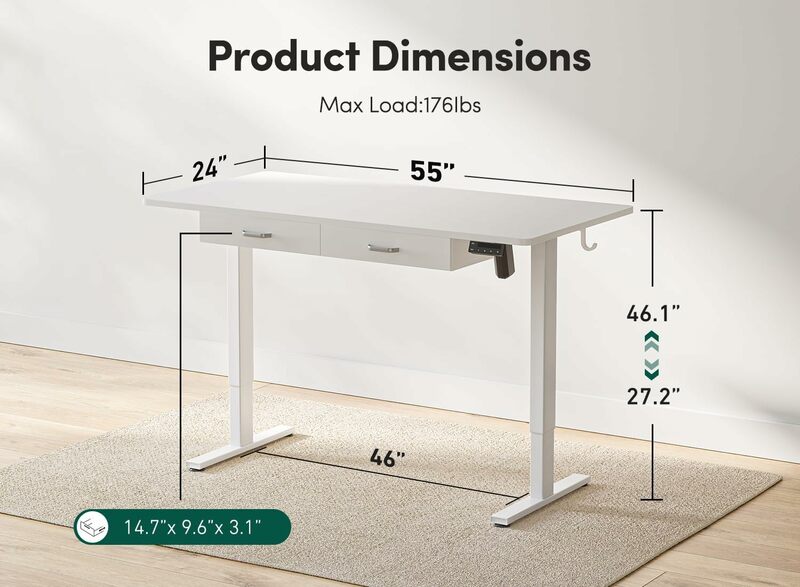 Meja berdiri listrik tinggi dapat diatur, dengan laci ganda, meja kantor rumah berdiri 55x24 inci dengan sambungan