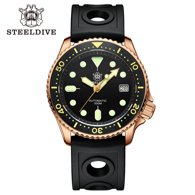 Steeldive-男性用の小さなブロンズ時計,フード付きの高級機械式ムーブメント,防水,スイス出力,200m,超発光,nh35