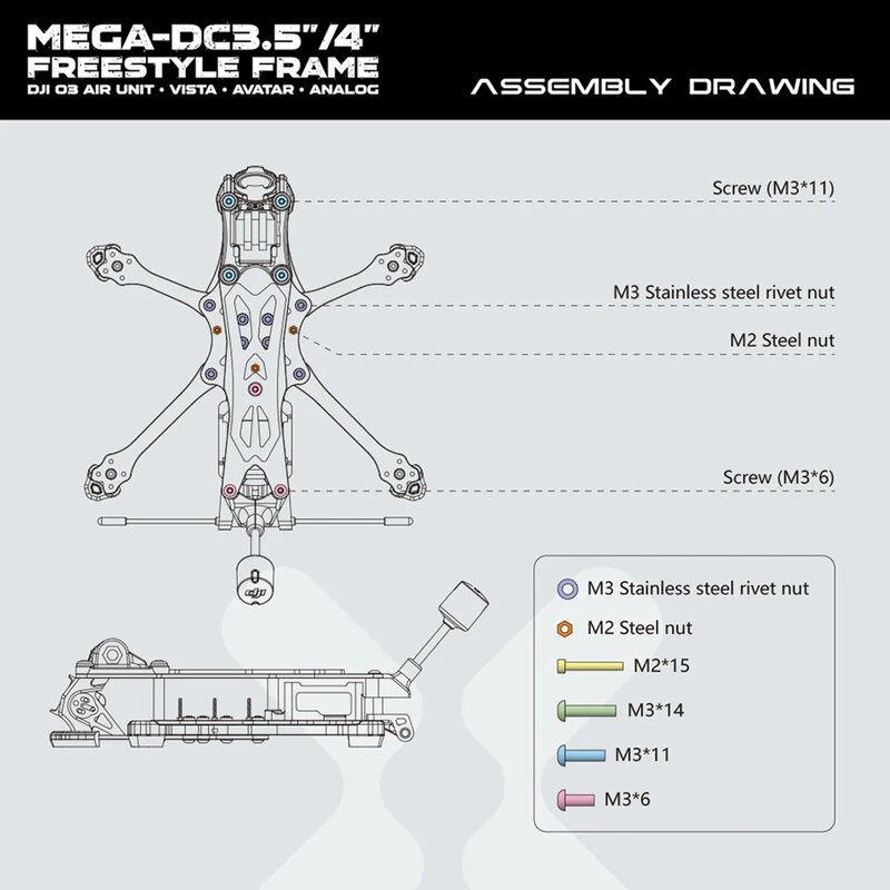 Foxeer MEGA 3.5 "166mm/4" 192mm DC Frame T700 carbonio con rivestimento setoso per O3/Analog/Vista/HDzero/Walksnail Freestyle RC Drone