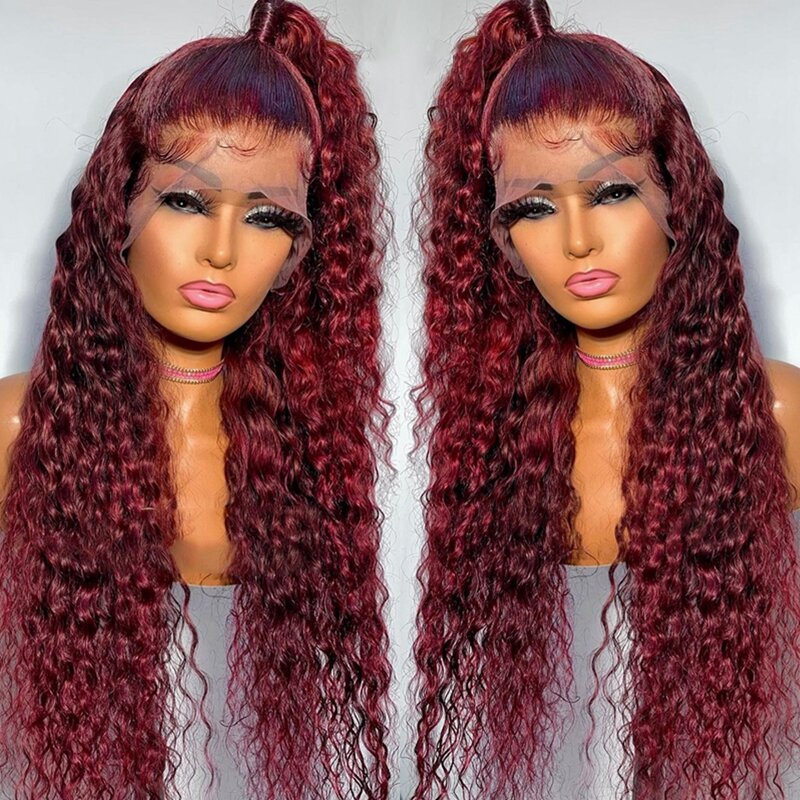 Perruque Lace Front Wig sans colle brésilienne naturelle-99J, cheveux bouclés, rouge bordeaux, 13x4, perruque Lace Frmeds Closure, densité 180%, pour femmes