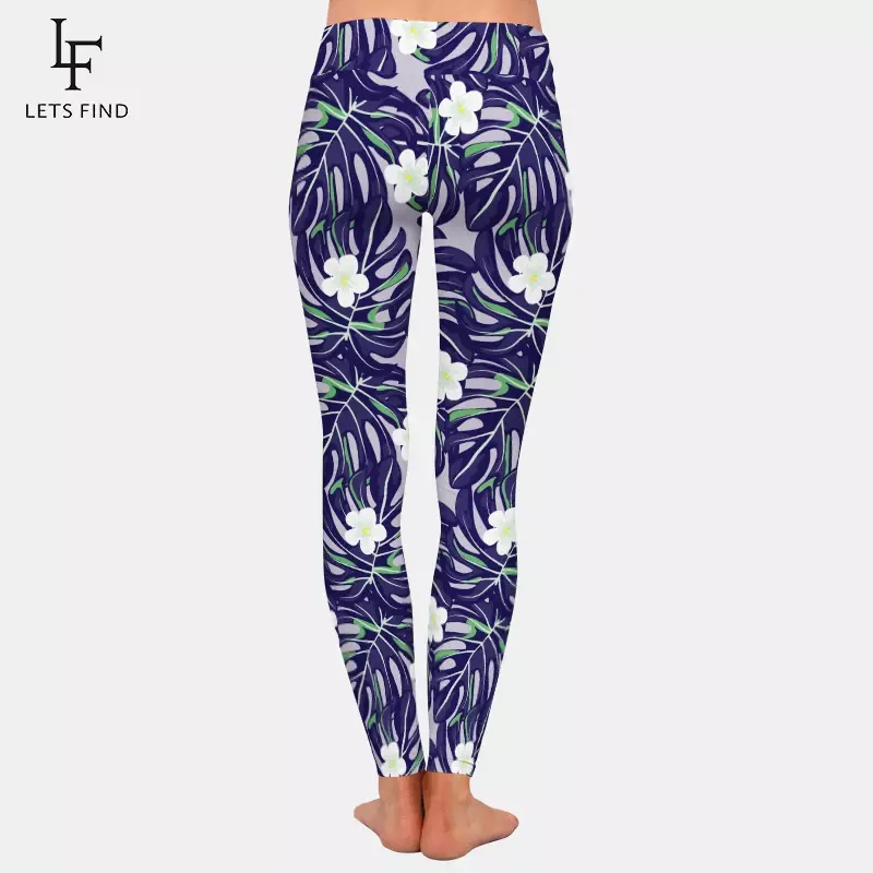 LETSFIND Leggings da donna Slim Leggings elastici a vita alta Fitness foglie tropicali stampa pantaloni Casual da donna