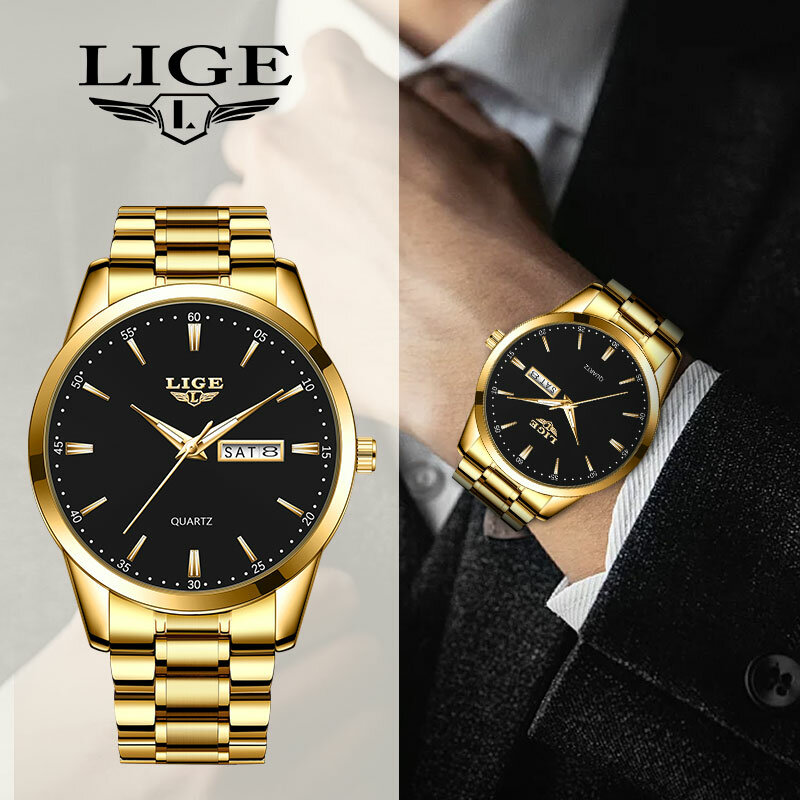 LIGE 탑 브랜드 럭셔리 쿼츠 남성 시계, 패션 비즈니스 스테인레스 스틸 시계, 야광 방수 캐주얼 스포츠 손목시계