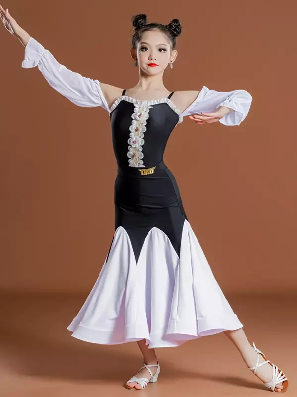 เสื้อผ้าชุดเดรสเต้นรำละตินสำหรับเด็กแขนยาวเสื้อกระโปรงผู้หญิงหญิงสาวงานบอลล์แทงโก้ชุดเต้นชารัมบา