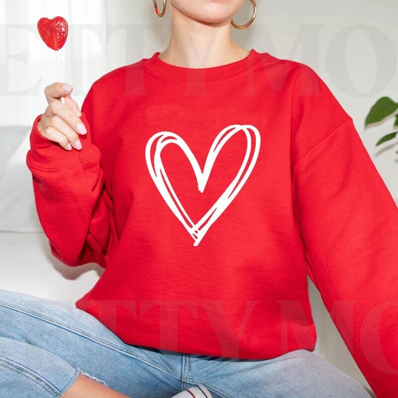 Sudadera con estampado de corazón de amor rojo para mujer, ropa de manga larga con cuello redondo para pareja, regalo para el Día de San Valentín