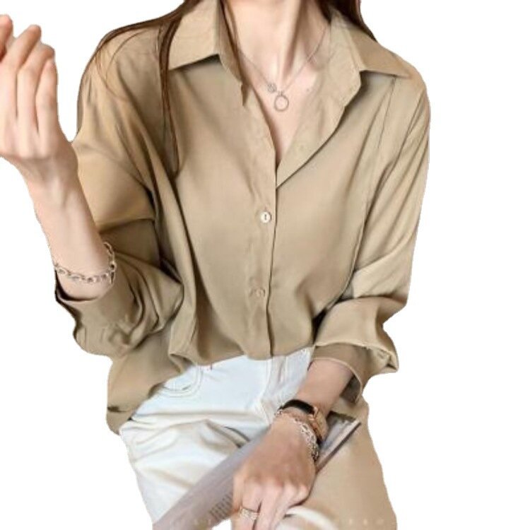 Kemeja wanita blus longgar warna polos, kemeja berkancing longgar gaya Korea 4 warna M-4XL