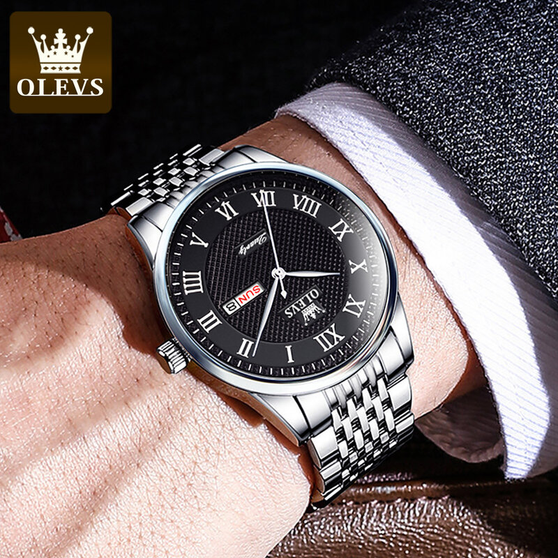 OLEVS-Relógio de quartzo impermeável de aço inoxidável masculino, semana, calendário, luxo, marca superior, moda, novo