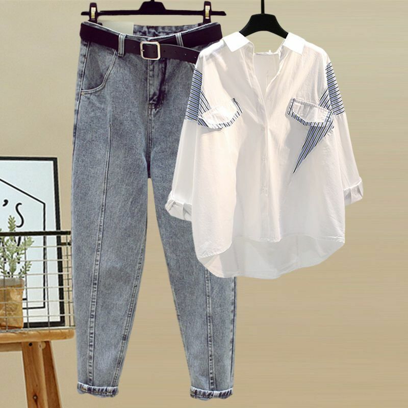 Весенне-осенний сезон, новинка 2024, женская рубашка в западном стиле, Женский облегающий и универсальный Джинсовый комплект из двух предметов