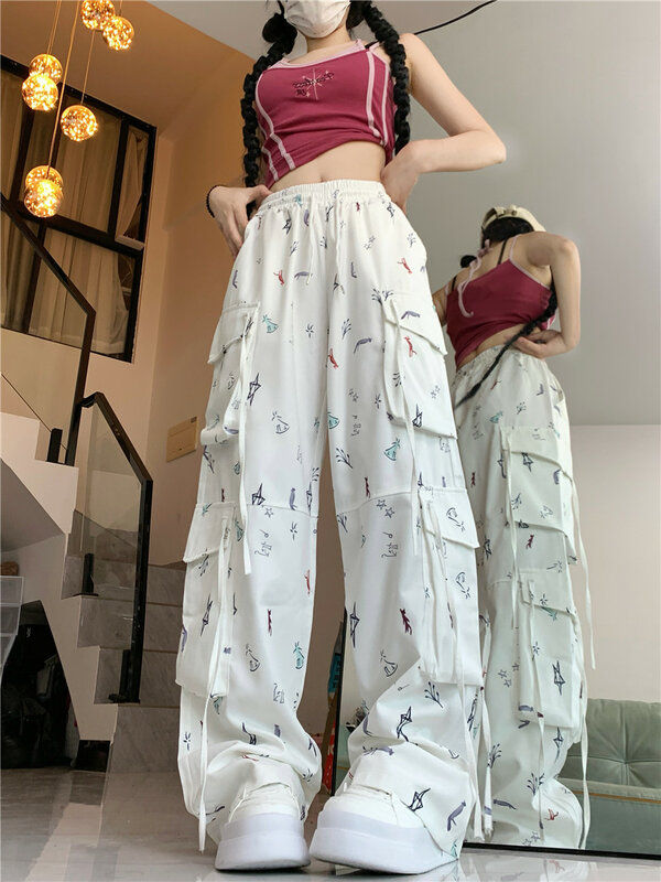 Pantalones Cargo holgados con bolsillos estampados para mujer, cintura alta con cordón, pierna ancha, Verano