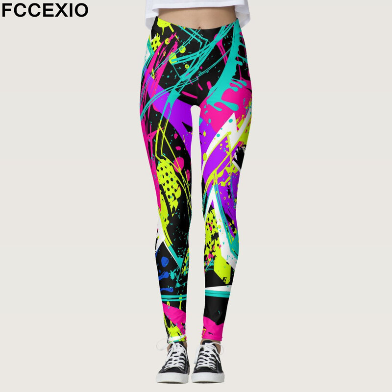 FCCEXIO Summer New Geometric Graffiti Print Women's Sports Leggings High Waist Running Tght Fitness Workout Yoga Gym Pants S-3XL