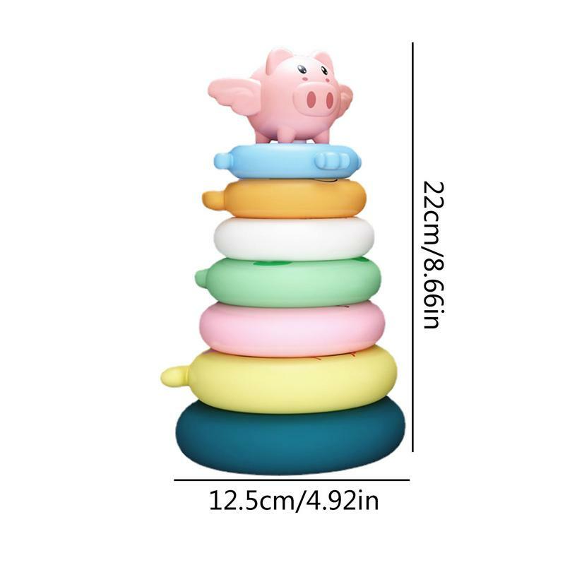 Apilador de anillos de silicona para bebé, Círculo de apilamiento, Montessori, cerdo, arcoíris