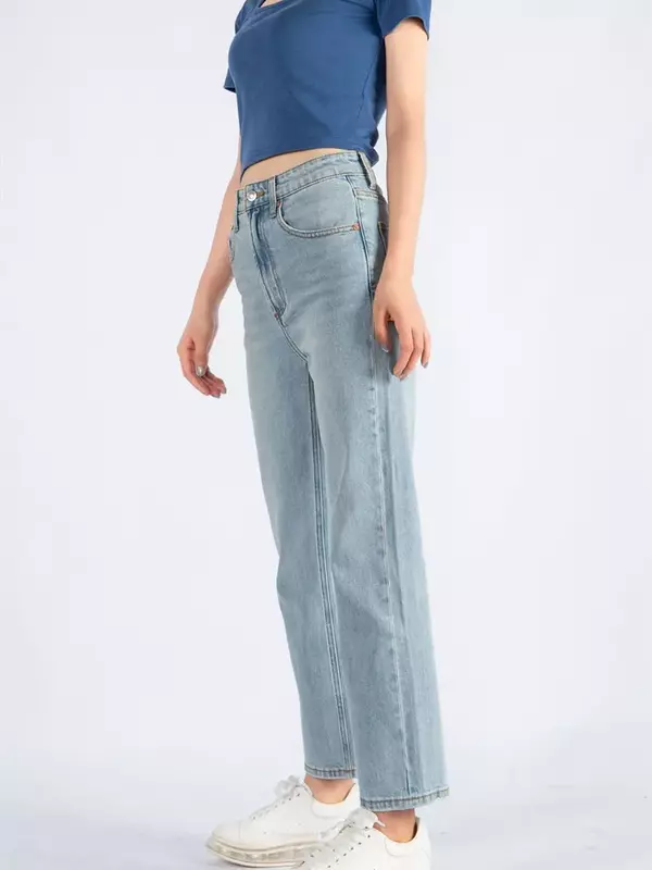 Jeans de algodão feminino reto de cintura alta, calça jeans casual, primavera e verão, 2024