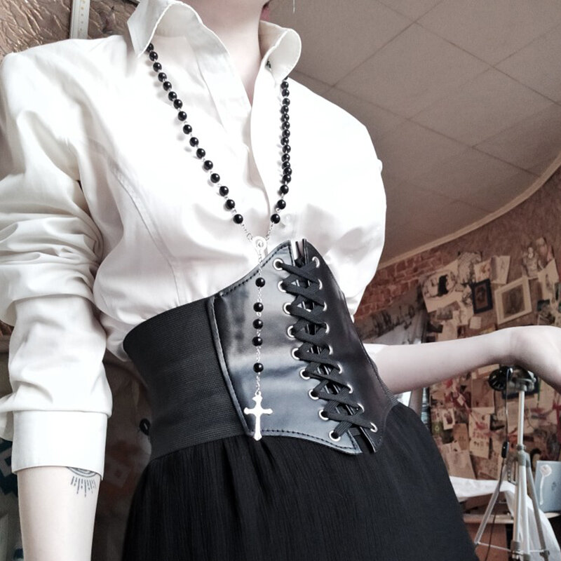 Gothic Women Corset Wide Pu Leather Girdle Slimming Body Belts with Bandage Ladies Elastic High Waist Belts Feminin Ceinture