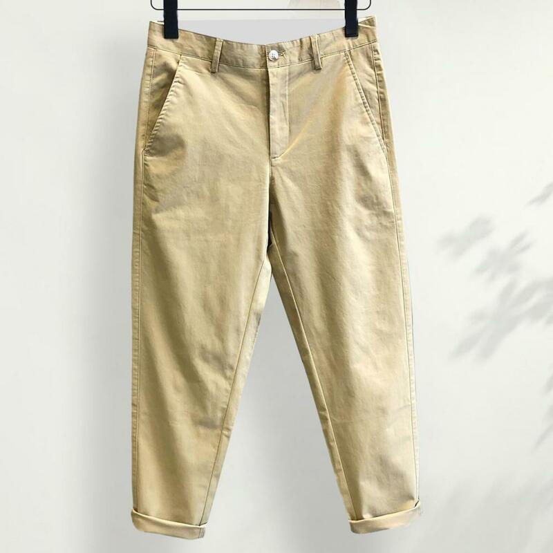 Повседневные брюки, стильные мужские облегающие брюки 9/10 со средней талией, однотонные дышащие тканевые модные уличные брюки до щиколотки