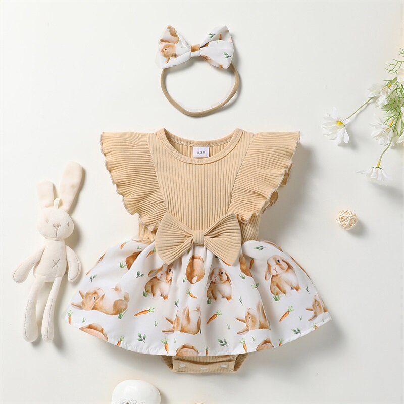 Vestido con estampado de conejo para niñas recién nacidas, traje encantador, manga con mosca, cuello redondo, conjunto de diadema con lazo, ropa de verano, 0 a 18M