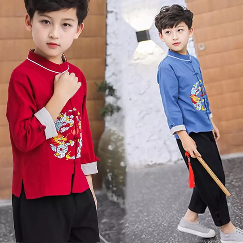 Retro Chinese Tang Suit Boys Kids Dragon Embroidery Creane Hanfu Traditional Kungfu Uniforms New Year Outfit Birthday Gift