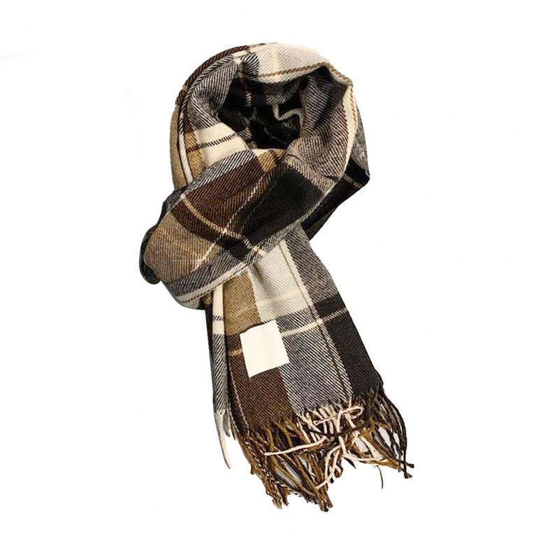 Tassel Decor Shawl Plaid Print Unisex Winter Scarf with Tassel Detailing Thick Warm Soft Plush Material for Neck Protection Fall