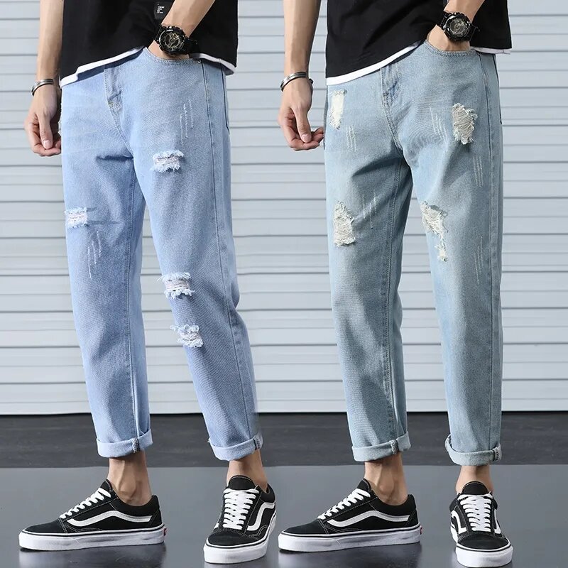 Pantalones vaqueros ajustados para hombre, pantalón holgado de pierna ancha, color azul claro, edición coreana con agujeros con fugas, 2024