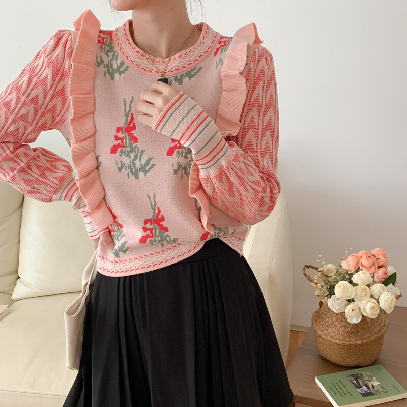 InX4-Pulls à volants floraux pour femmes, pulls à la mode coréenne, tricots élégants, haut pull, automne, hiver, 2023