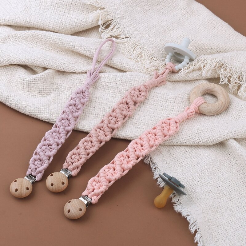 Vintage Crochet Baby Pacifier Clip Chain Woven Cotton Beech Wood Pacifier Clip DIY Nipple Holder Baby Teething Toy