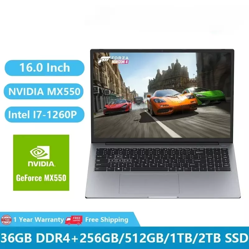 NVIDIA Geforce Gaming Laptop, Notebook, MX550, GDDR6, Placa gráfica 4GB, 16.0 ", Intel I7-1260P, 36GB RAM, 2TB, RJ45, WiFi, Tipo-C, 2023