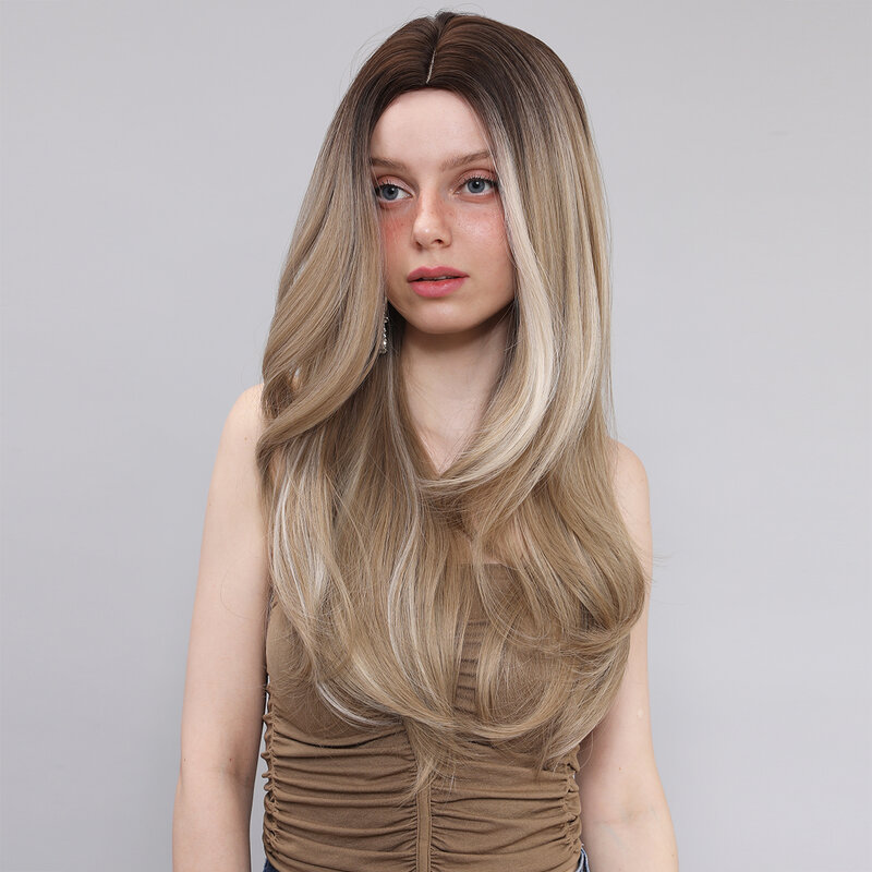 Wig wanita lurus cokelat serat sintetis 24 inci rambut palsu bagian tengah Cosplay Wig tahan panas pesta harian alami