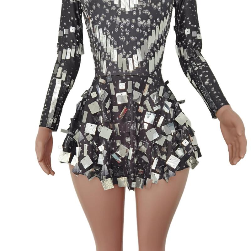 Women Birthday Celebrate Mirror Outfit Sparkly Silver Sequin Short Dress Bar Dance Costume Prom Party Dresses Singer Stage Wear