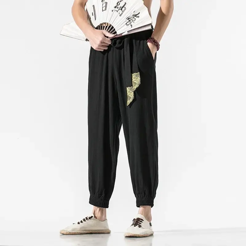 Men Casual Chinese Style Pants Loose Linen Japanese Trousers Summer Kung Fu Pantalon Elastic Waist Harem Pants Streetwear 11186
