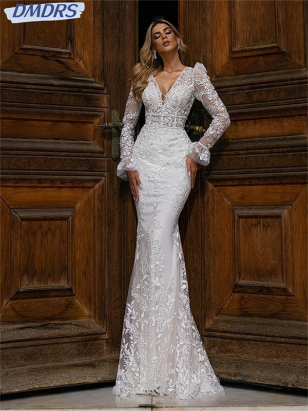 Elegancka koronkowa suknia ślubna syrenka seksowna prześwitująca z długim rękawem suknia ślubna Boho aplikacja v dekolt suknie Vestidos De Novia