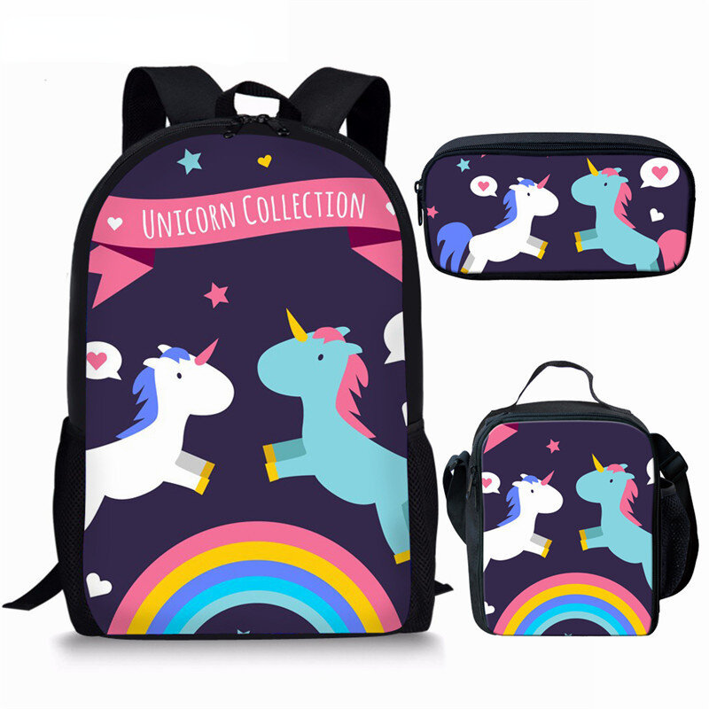 3D Unicorn Print School Bags, mochila de pupilo, mochila para laptop, lancheira, estojo de lápis, novidade de moda popular, 3pcs por conjunto