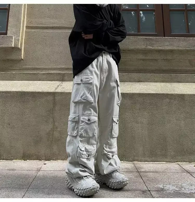 กางเกงคาร์โก้ขากว้างมีกระเป๋าหลายกระเป๋าสไตล์ฮาราจูกุย้อนยุคกางเกงเอวสูงกางเกงทรงตรงสไตล์ฮิปฮอป