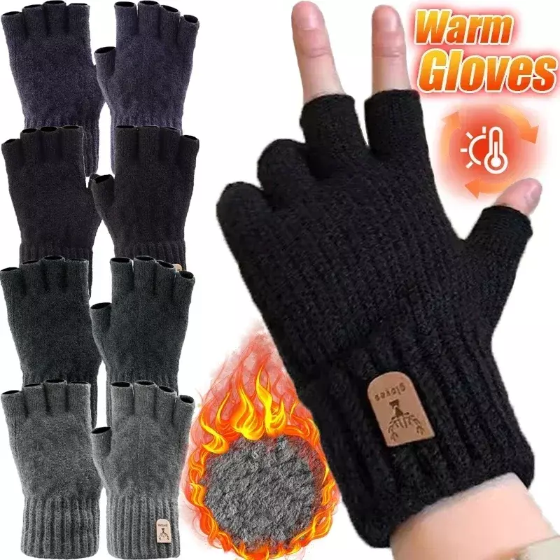 Luvas térmicas grossas de malha para homens e mulheres, luvas sem dedos, lã quente, tela sensível ao toque, condução, ao ar livre, inverno