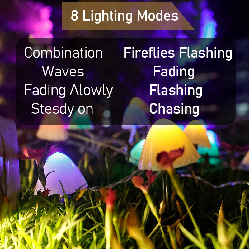 50LED Solar String Light Outdoor Mushroom Light 8 Modes Garden Light Waterproof Fairy Light for Party/Lawn/Path/Wedding Decor