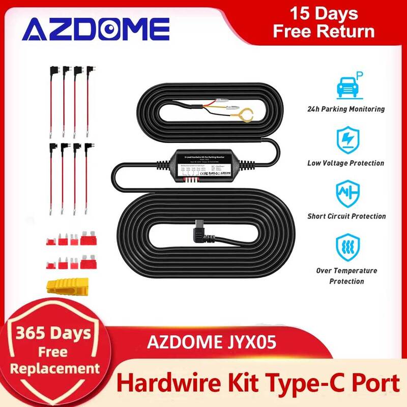 AZDOME JYX05 Car DVR Record Hardwire Kit per GS63Pro/M27/M560/M580/PG19X Low Vol Protection Type-C Port 12V-24V in 5 v2.5a out