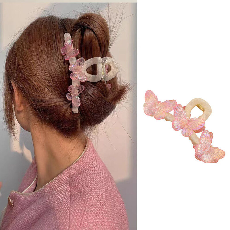 Jepit rambut cakar kupu-kupu merah muda Premium wanita jepit rambut cakar hiu antik aksesori rambut hiasan kepala mode baru