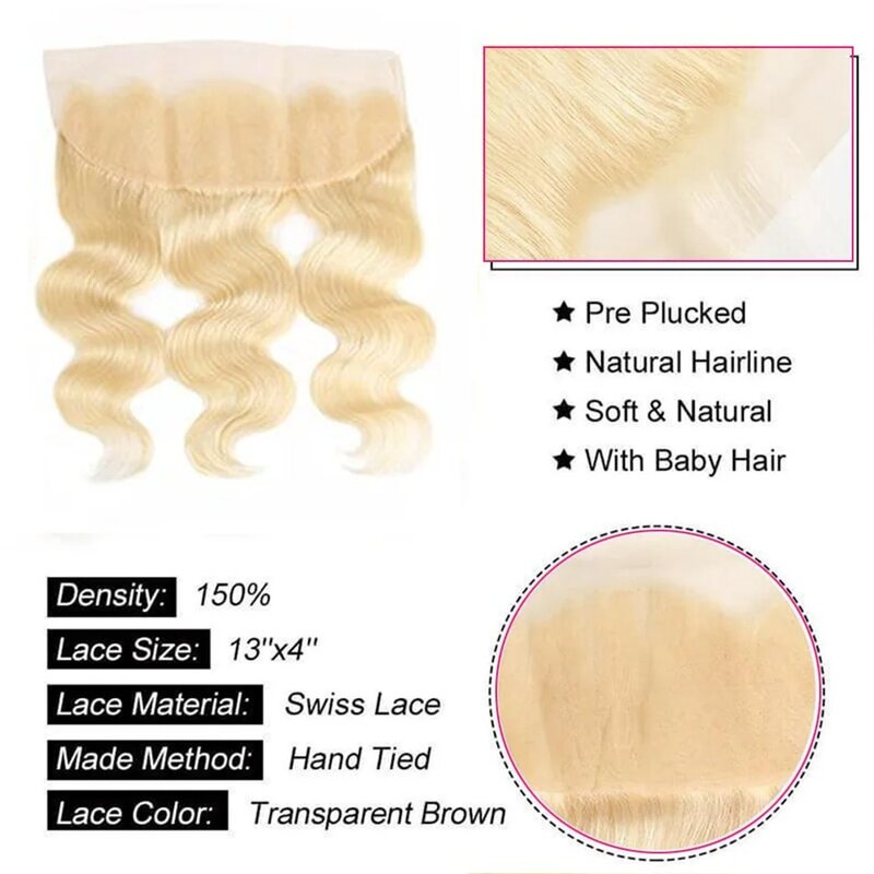 Honey Blonde Body Wave Lace Frontal Encerramento, Cabelo Humano Remy Brasileiro, Transparente, Parte Livre, 613, 13x4, 4x4, 4x4
