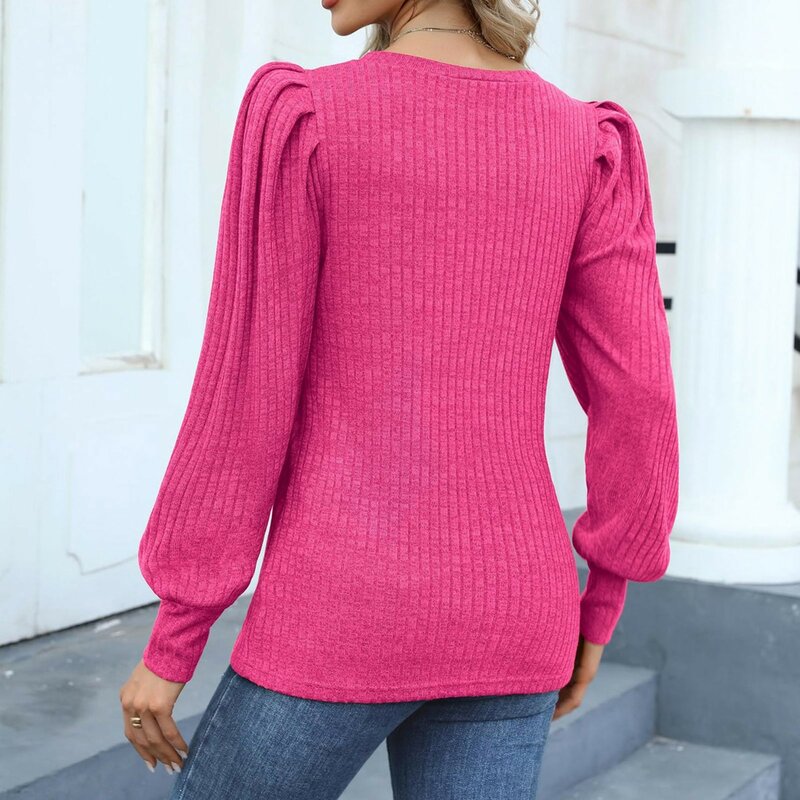 Autumn Winter Round Neck Casual Fashion Sweater Women Puff Long Sleeve Simple All-match Ladies Vertical Stripe Pullover Jumper