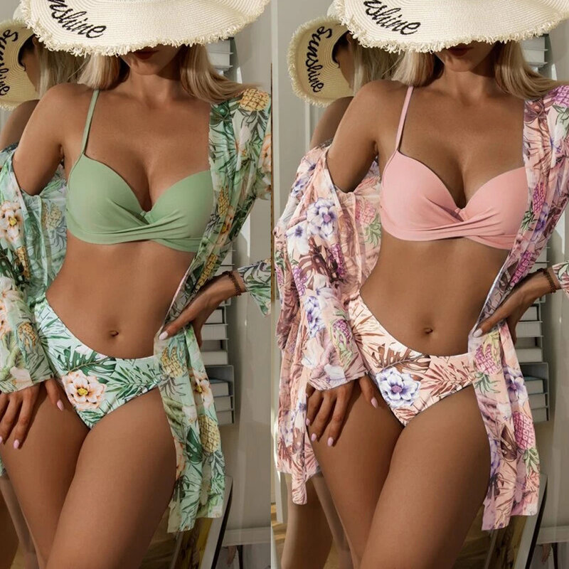 2023 neue Floral Twist Niedrigen Taille Bikini Set Cover Up Badeanzug frauen Bikini Set Push-Up Lang-Ärmeln bluse Drei Stücke gesetzt