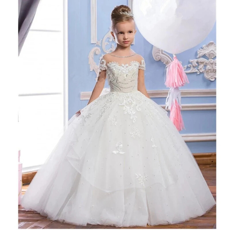 White Pearls Tulle Puffy Flower Dress para meninas, Wedding Applique Bow, Princesa elegante, Kids Birthday Party, Vestidos de Primeira Comunhão