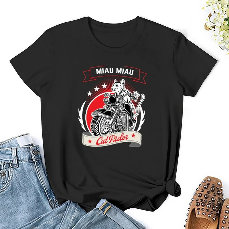 Cat on kaos sepeda motor gambar hewan kemeja untuk anak perempuan baju lucu T-shirt untuk wanita pak