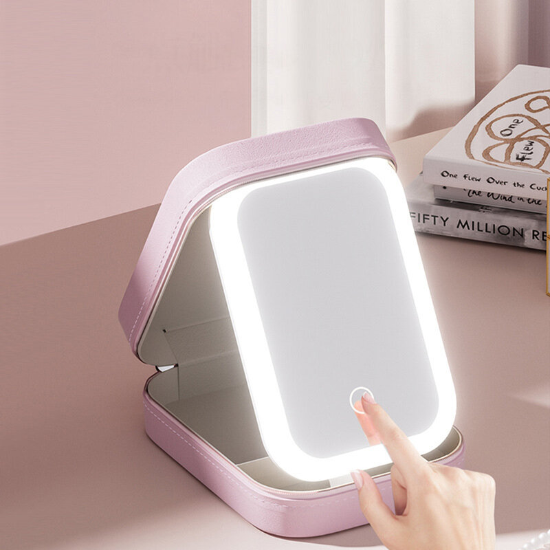 Kotak penyimpanan riasan wajah, kotak penyimpan kosmetik berpergian portabel cermin lampu sentuh 3 kecerahan dapat disesuaikan