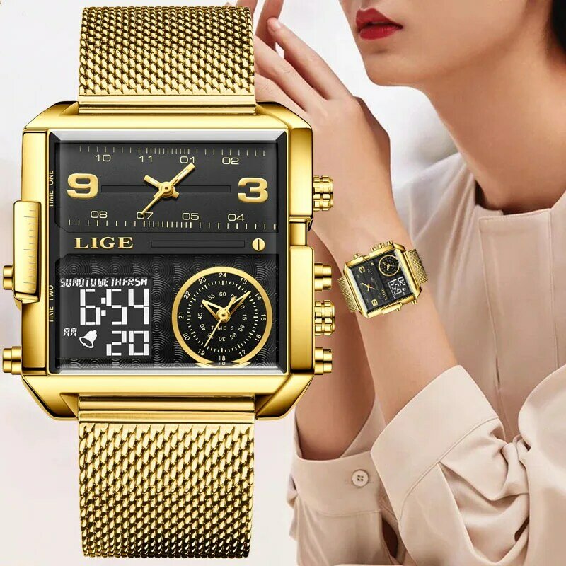 LIGE-relojes informales de lujo para mujer, pulsera clásica de acero inoxidable, color dorado