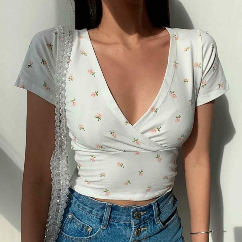 Retro Style Shirt Slim Fit Shirt Retro Slim Fit V Neck Short Sleeve Women's Summer Top with Small Flower Print Soft for Lady