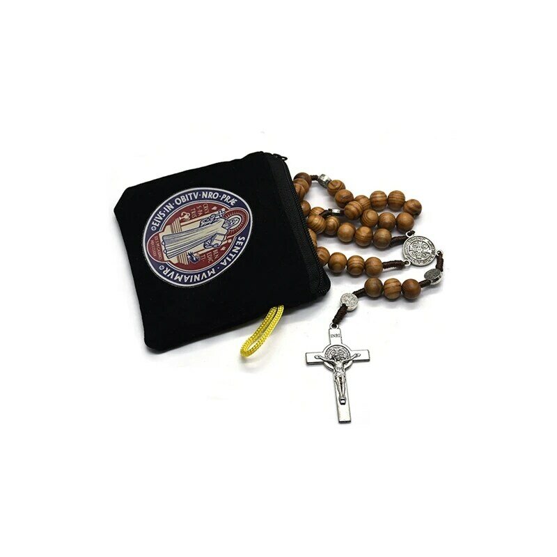 QIGO Saint Benedict Color Print Black Velet Zipper Rope Rosary Necklace Storage Bag
