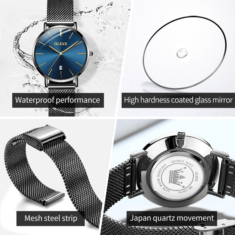 OLEVS jam tangan pasangan pria dan wanita, arloji Quartz 5869 Ultra tipis 6.5mm, tali jala tahan air tanggal otomatis minimalis