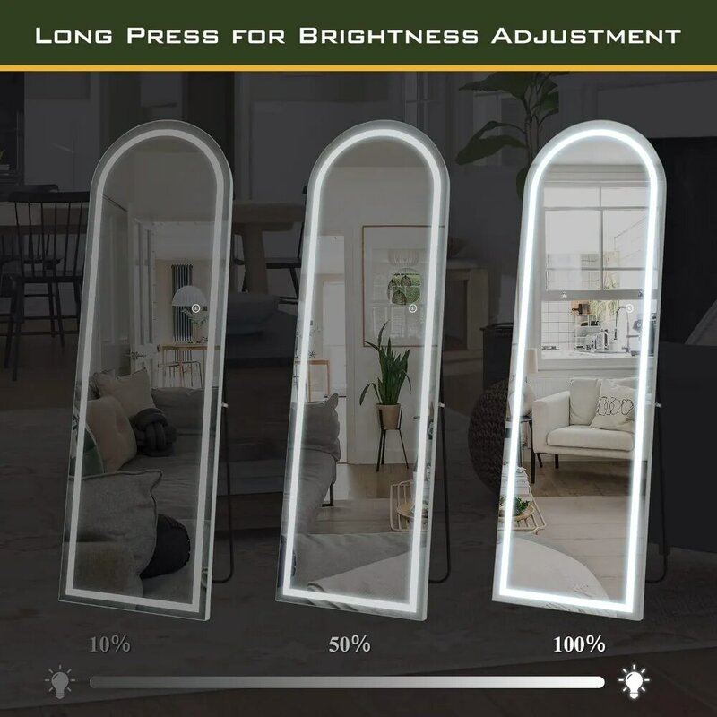 Floor Mirrors Full Body Length 63 X 20 Inch Arched Full Length Mirror With LED Lights Wall Mounted Mirror Silver Living Room
